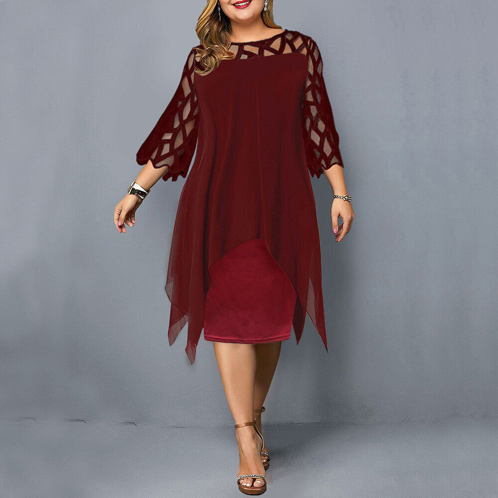 Freya - Elegant Women's Plus Size Wedding Guest Dress with Sheer Sleeves and a Handkerchief Hem