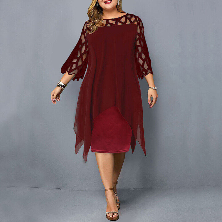 Freya - Elegant Women's Plus Size Wedding Guest Dress with Sheer Sleeves and a Handkerchief Hem