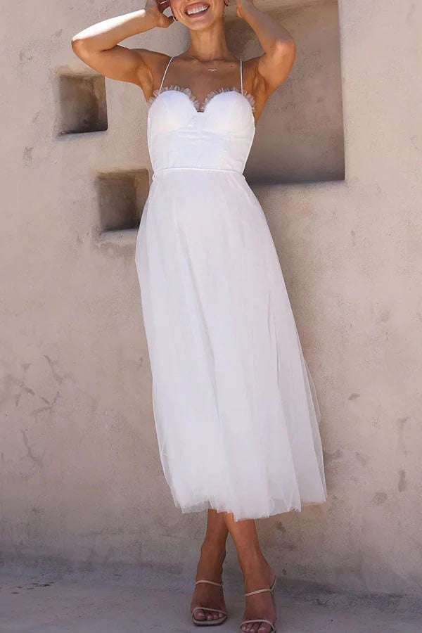 Freya - Elegant Women's Wedding Guest Dress with Corset Bodice and Tulle Midi Skirt