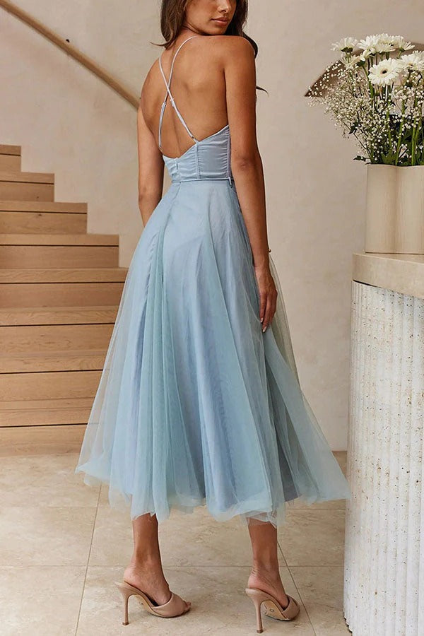 Freya - Elegant Women's Wedding Guest Dress with Corset Bodice and Tulle Midi Skirt