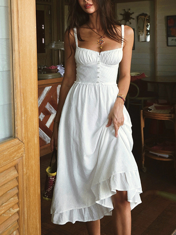 Freya - Elegant Women's Wedding Guest Dress with Ruffle Hem and Button Detail