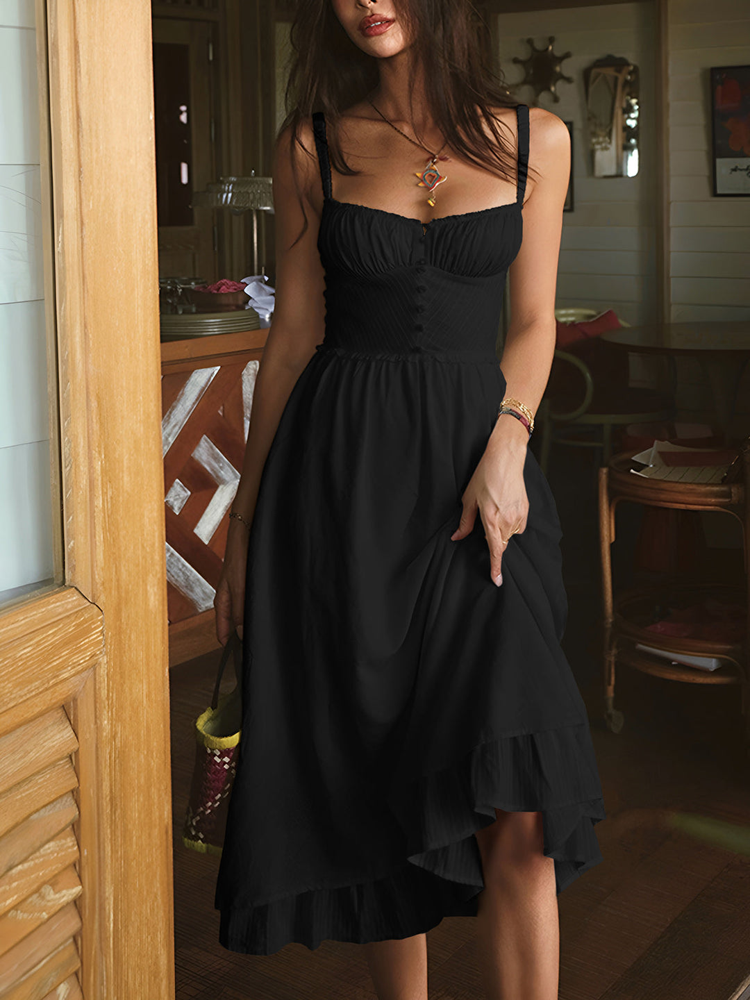 Freya - Elegant Women's Wedding Guest Dress with Ruffle Hem and Button Detail