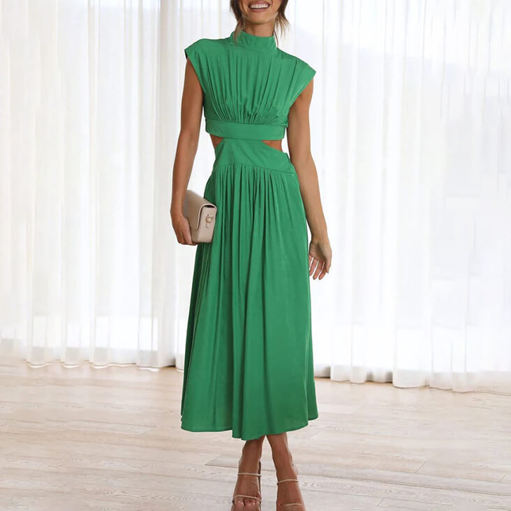 Freya - Elegant Women's Wedding Guest Midi Dress with Cut Out Waist and Pleated Skirt