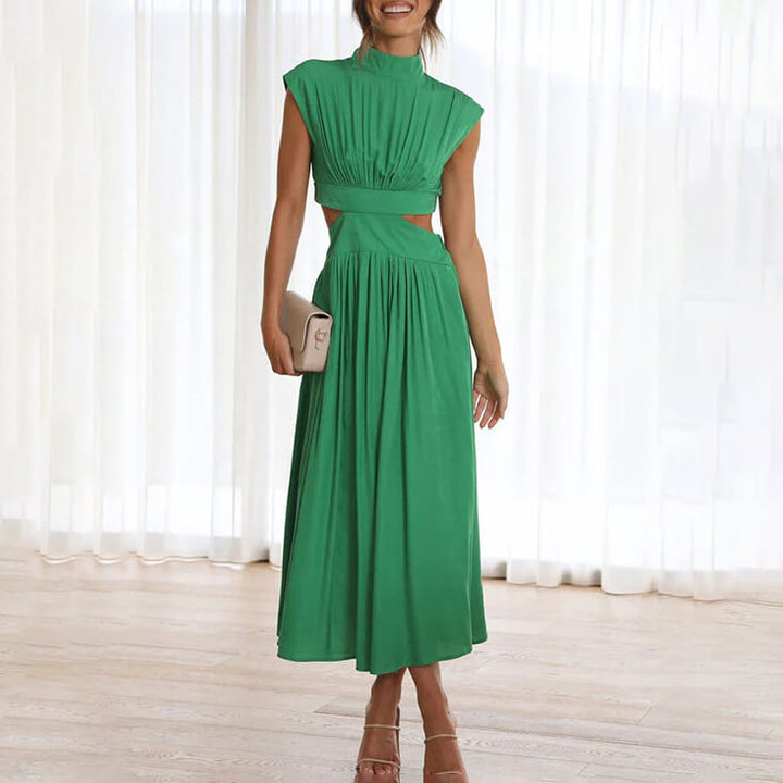 Freya - Elegant Women's Wedding Guest Midi Dress with Cut Out Waist and Pleated Skirt