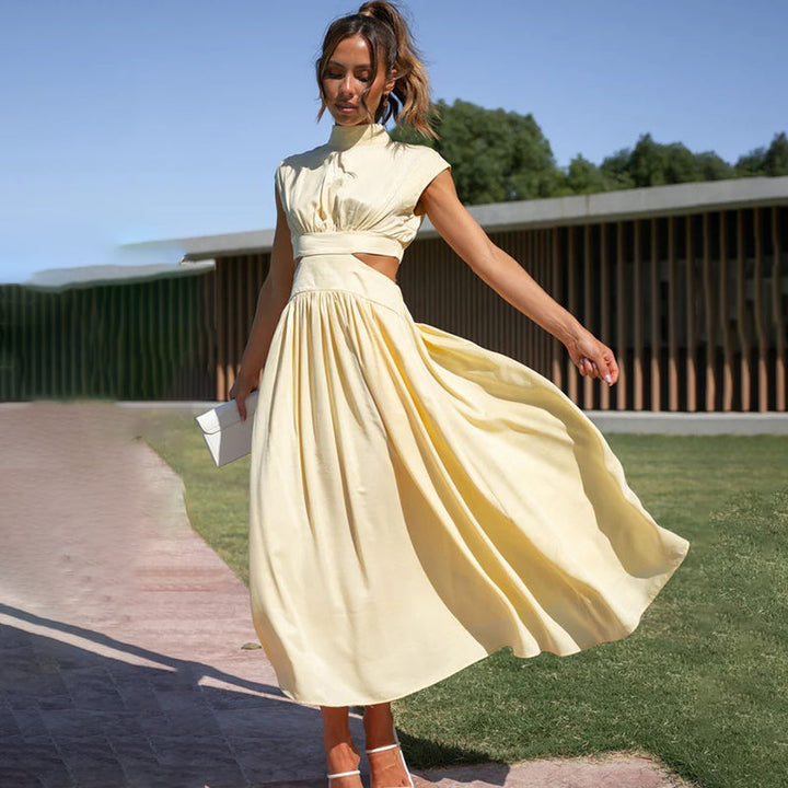 Freya - Elegant Women's Wedding Guest Midi Dress with Cut Out Waist and Pleated Skirt