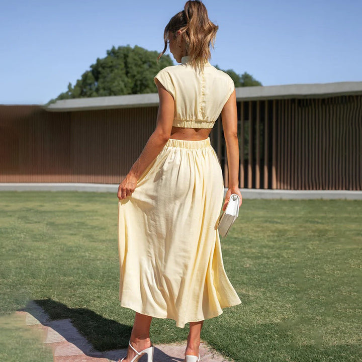 Freya - Elegant Women's Wedding Guest Midi Dress with Cut Out Waist and Pleated Skirt