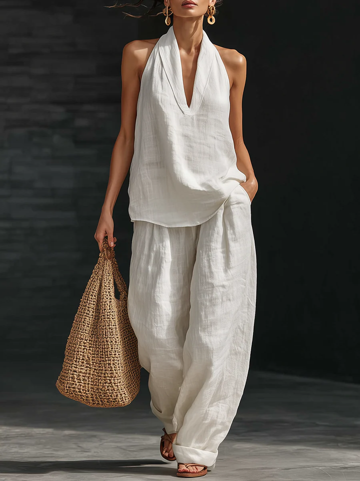 Freya - Flowy Women's Linen Set with Halter Neck and Wide Leg Trousers