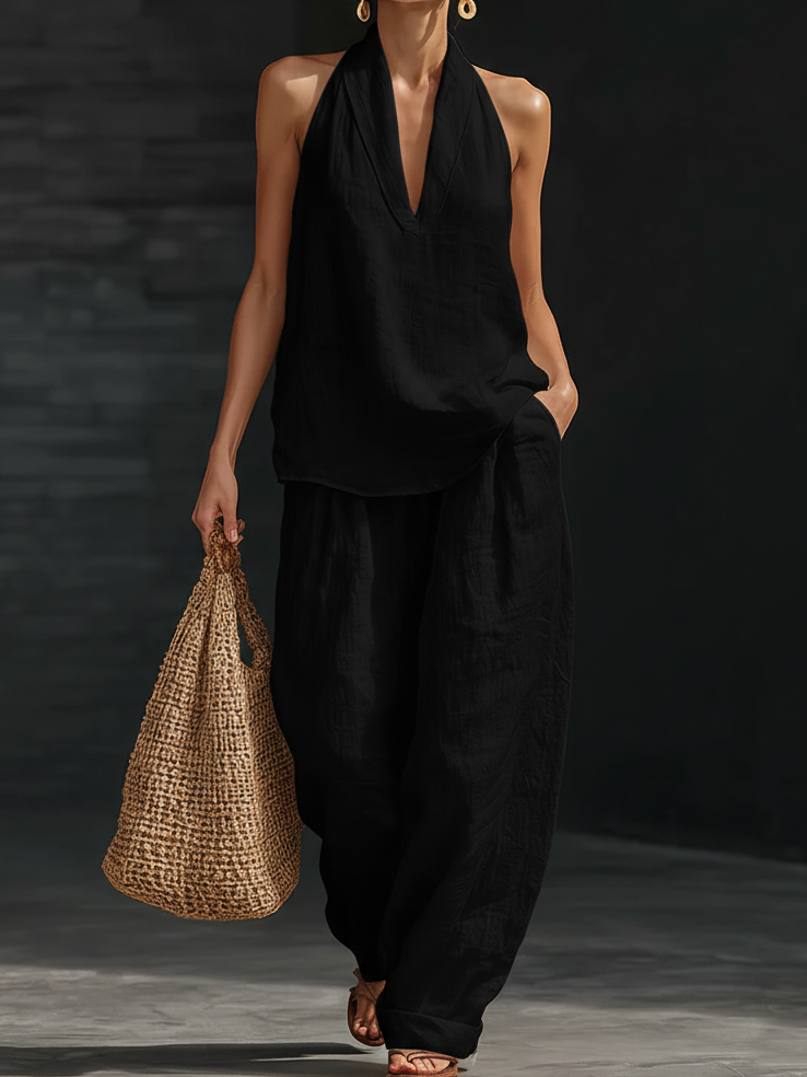 Freya - Flowy Women's Linen Set with Halter Neck and Wide Leg Trousers