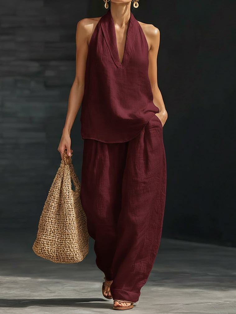 Freya - Flowy Women's Linen Set with Halter Neck and Wide Leg Trousers