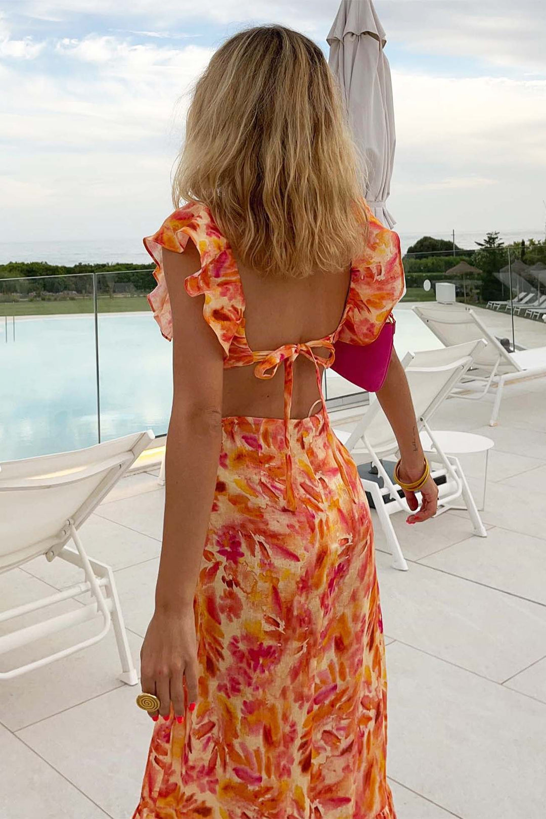 Freya - Flowy Women's Wedding Guest Maxi Dress with Ruffle Neckline and Floral Print