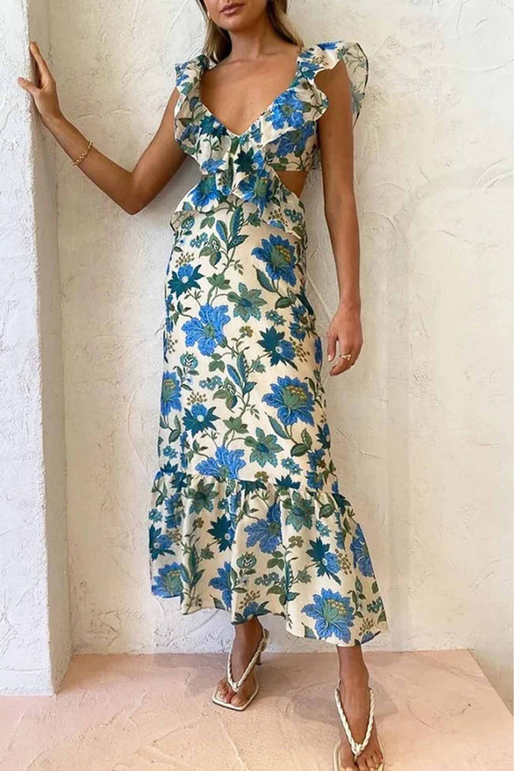 Freya - Flowy Women's Wedding Guest Maxi Dress with Ruffle Neckline and Floral Print