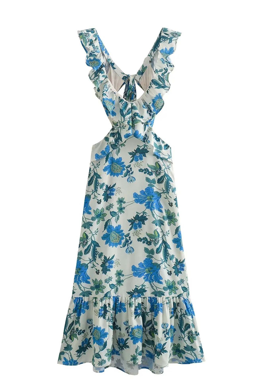Freya - Flowy Women's Wedding Guest Maxi Dress with Ruffle Neckline and Floral Print