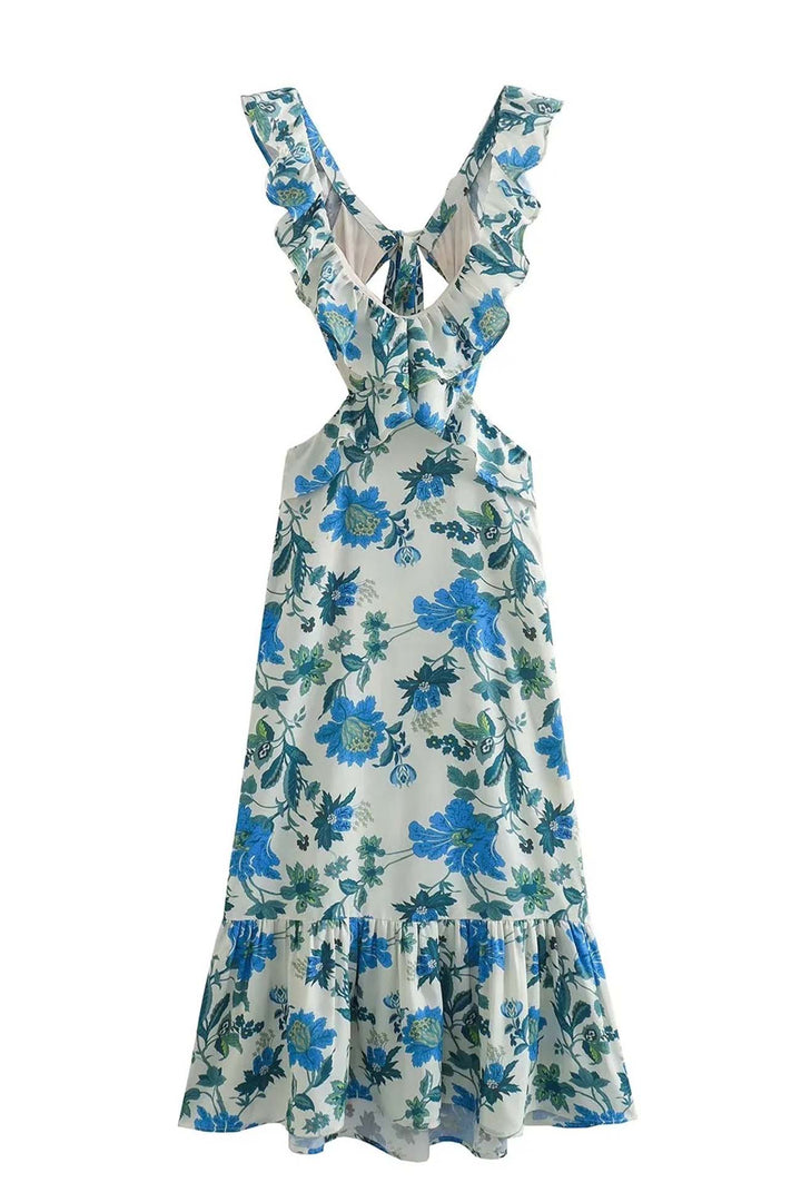 Freya - Flowy Women's Wedding Guest Maxi Dress with Ruffle Neckline and Floral Print