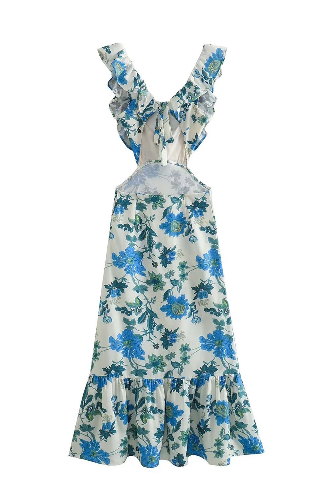 Freya - Flowy Women's Wedding Guest Maxi Dress with Ruffle Neckline and Floral Print