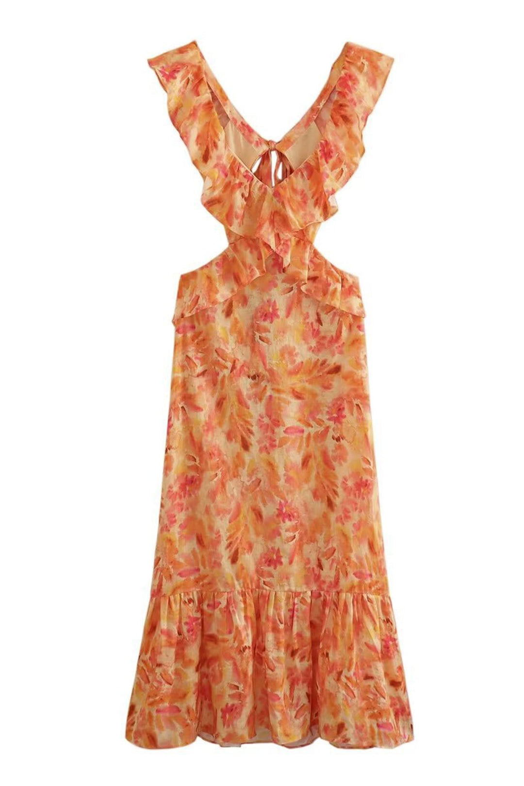 Freya - Flowy Women's Wedding Guest Maxi Dress with Ruffle Neckline and Floral Print