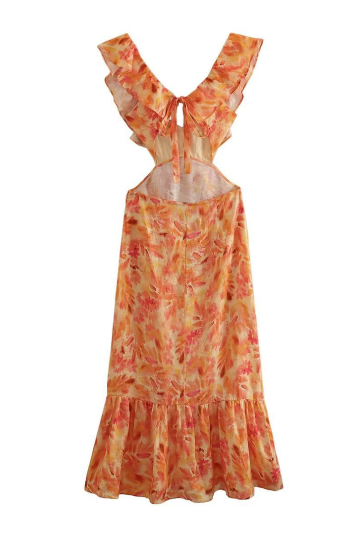 Freya - Flowy Women's Wedding Guest Maxi Dress with Ruffle Neckline and Floral Print