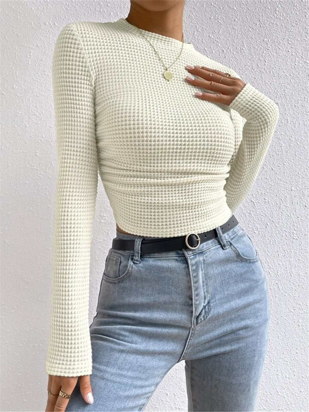 Lily - Women's Knitted Long Sleeve Top with Waffle Texture and High Neck