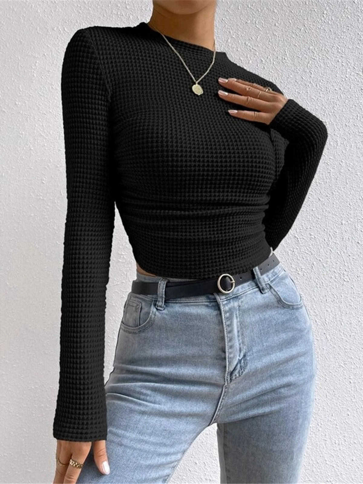 Lily - Women's Knitted Long Sleeve Top with Waffle Texture and High Neck