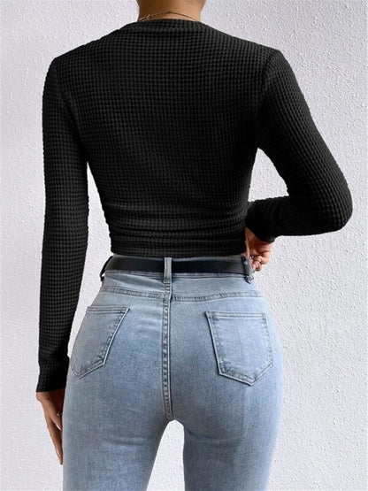 Lily - Women's Knitted Long Sleeve Top with Waffle Texture and High Neck