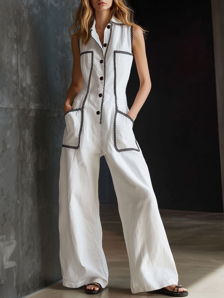 Freya - Vintage Women's Linen Jumpsuit with Collared Button Front and Patch Pockets