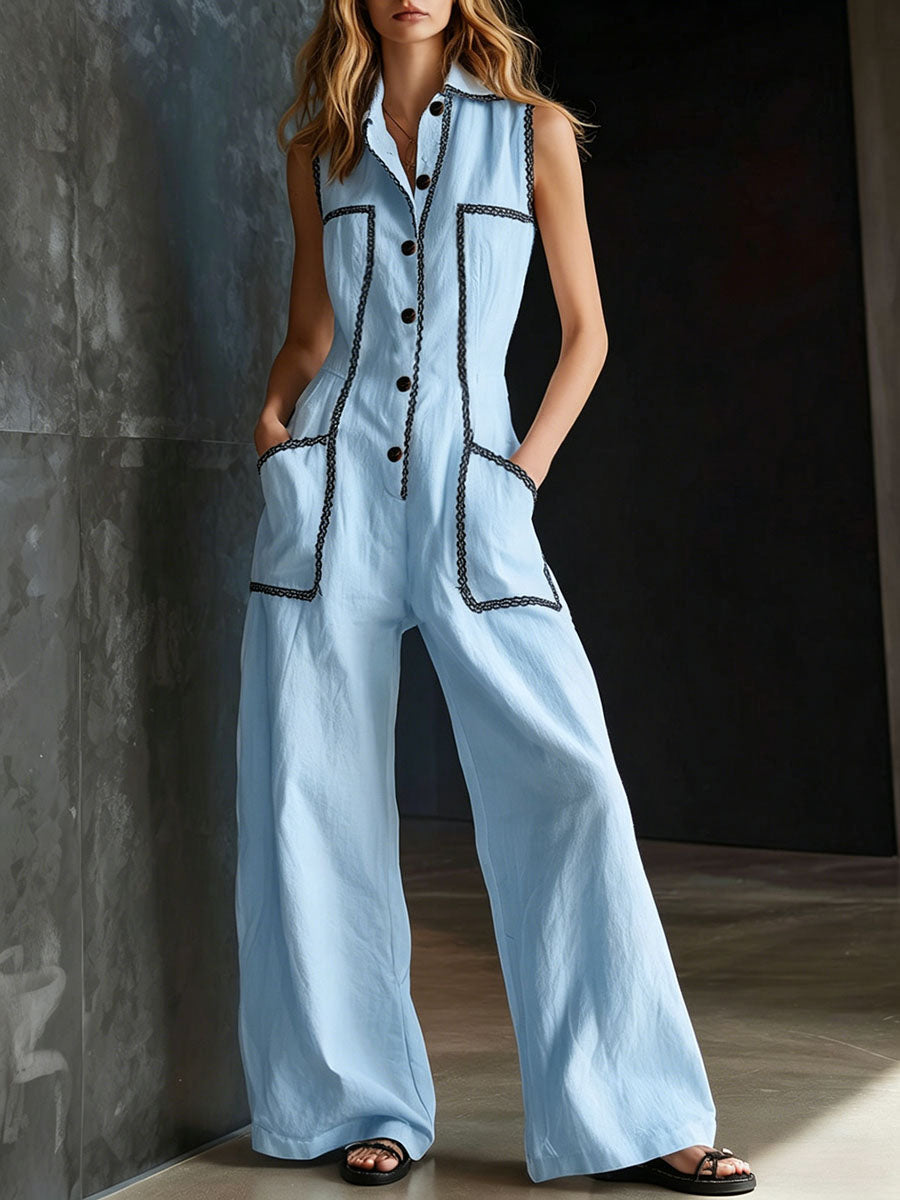 Freya - Vintage Women's Linen Jumpsuit with Collared Button Front and Patch Pockets