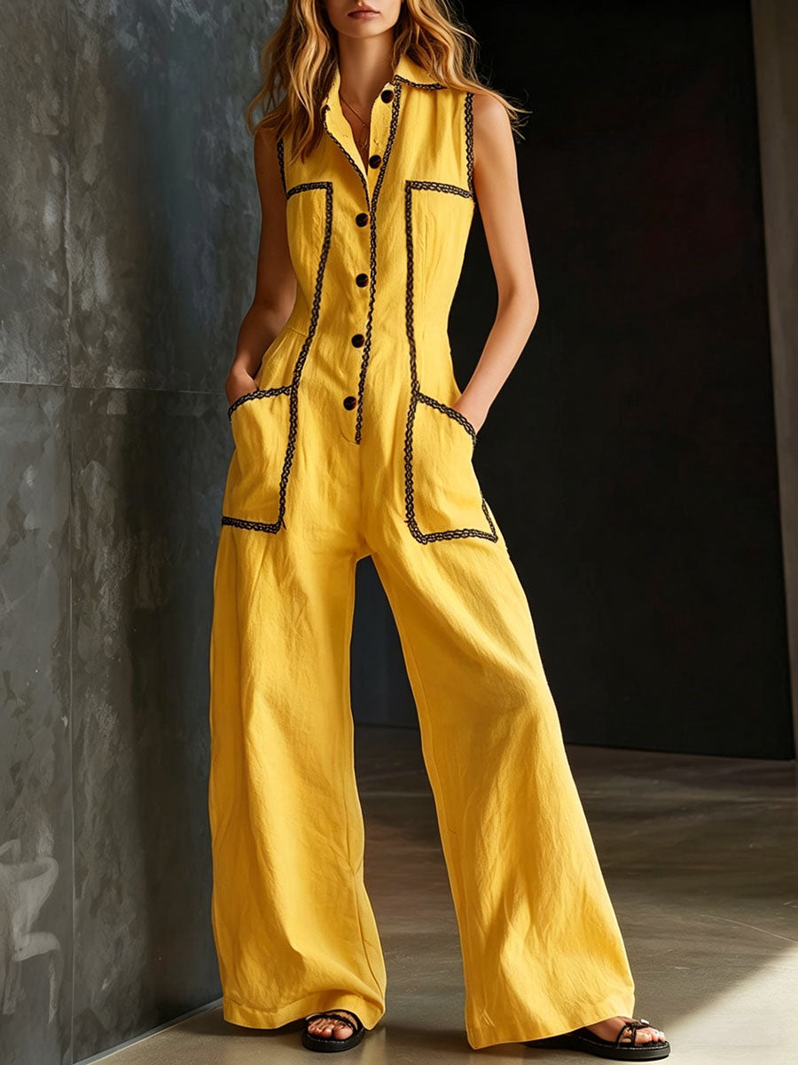 Freya - Vintage Women's Linen Jumpsuit with Collared Button Front and Patch Pockets