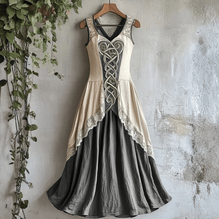 Freya - Vintage Women's Maxi Dress with Celtic Embroidery and Flowing Skirt