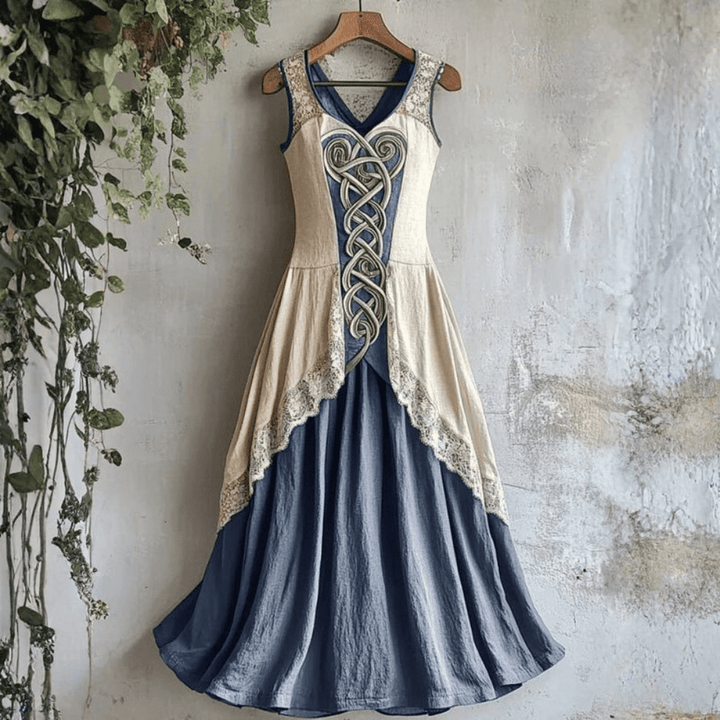 Freya - Vintage Women's Maxi Dress with Celtic Embroidery and Flowing Skirt