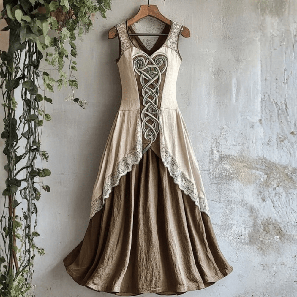 Freya - Vintage Women's Maxi Dress with Celtic Embroidery and Flowing Skirt