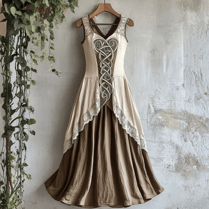 Freya - Vintage Women's Maxi Dress with Celtic Embroidery and Flowing Skirt