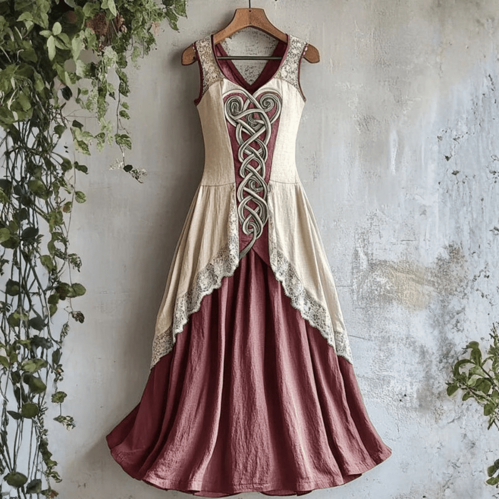 Freya - Vintage Women's Maxi Dress with Celtic Embroidery and Flowing Skirt