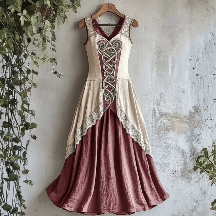 Freya - Vintage Women's Maxi Dress with Celtic Embroidery and Flowing Skirt