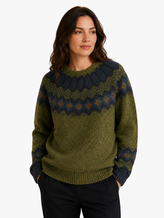 Freya - Women's Autumn Jumper Knitted Style with Fair Isle Yoke