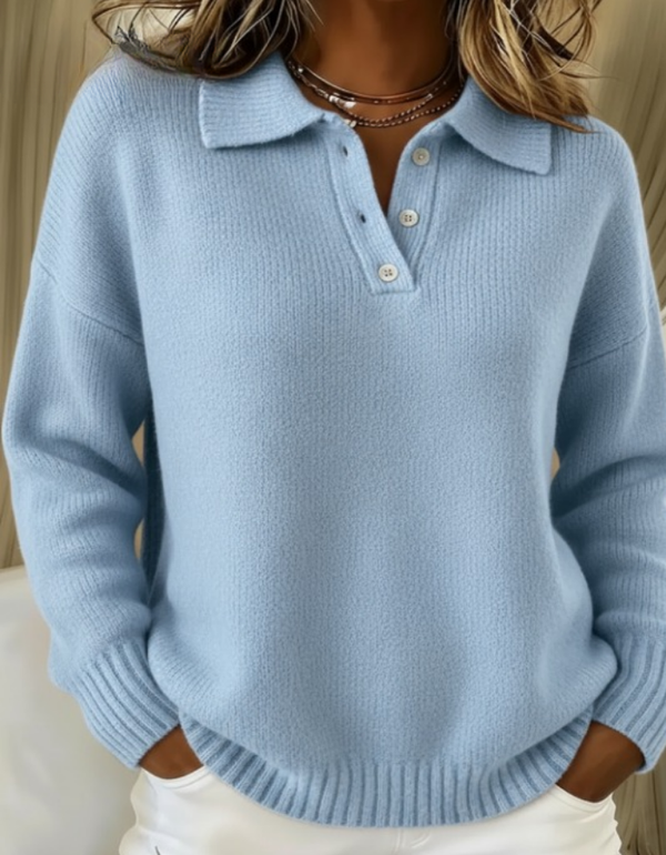 Freya - Women's Knitted Long Sleeve Polo Jumper with Collar and Button Placket