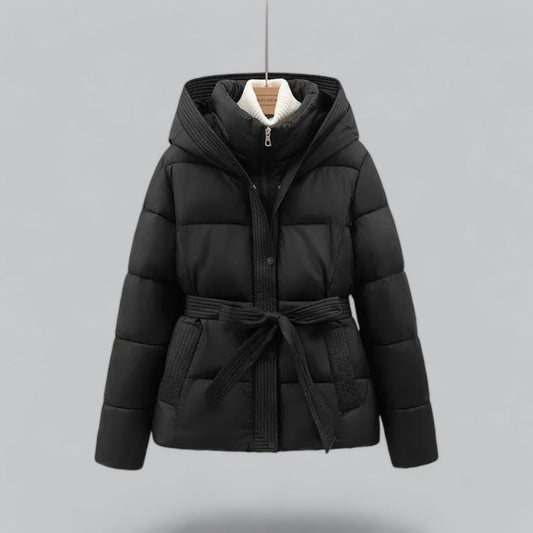 Freya - Women's Winter Puffer Jacket Padded with Hood and Tie Belt