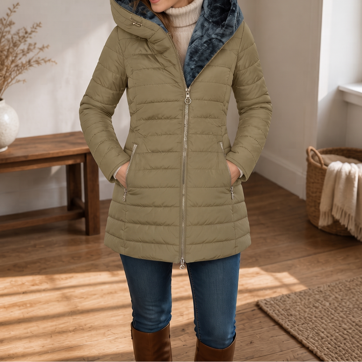Freya - Women’s long fleece lined winter puffer jacket with hood