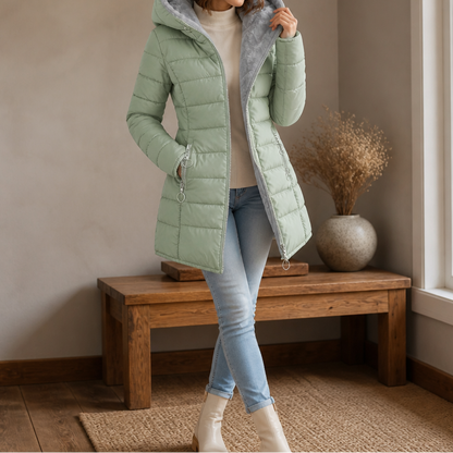 Freya - Women’s long fleece lined winter puffer jacket with hood