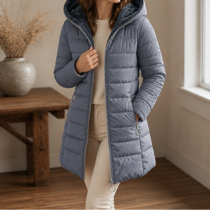 Freya - Women’s long fleece lined winter puffer jacket with hood