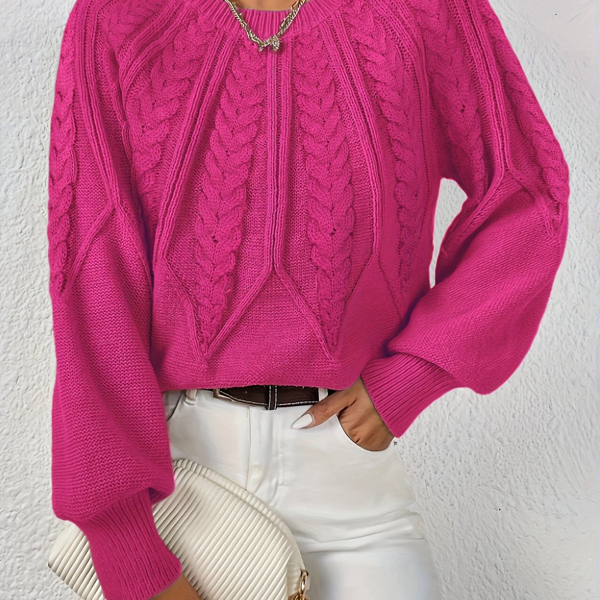 Freya - Women’s warm chunky knitted jumper with cable detail and crew neck