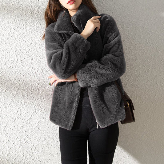 Freya - Women’s warm teddy fleece jacket with high collar and zip front