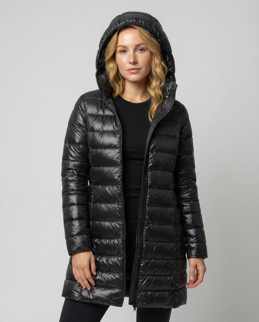 Amelia - Women's Puffer Jacket Long and Lightweight for Autumn with Zip Hood