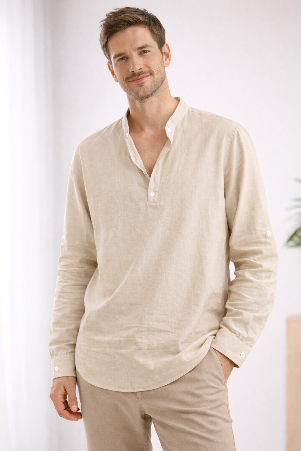 George - Casual Men's Linen Shirt with Mandarin Collar and Roll Tab Sleeves