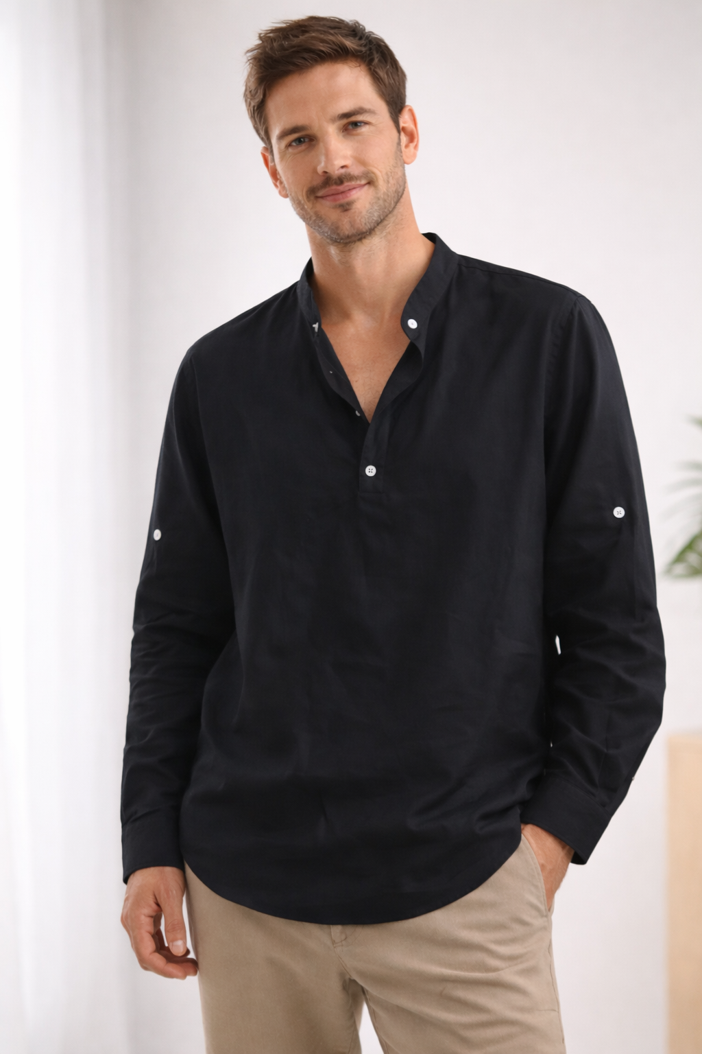 George - Casual Men's Linen Shirt with Mandarin Collar and Roll Tab Sleeves