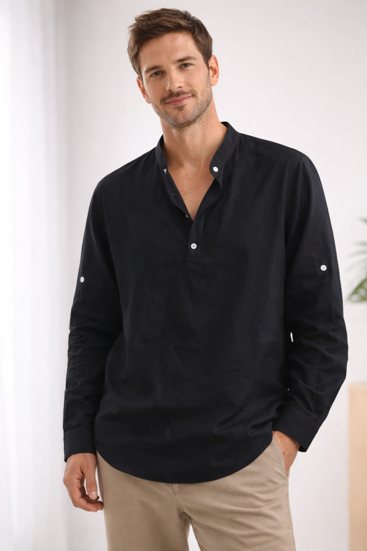 George - Casual Men's Linen Shirt with Mandarin Collar and Roll Tab Sleeves
