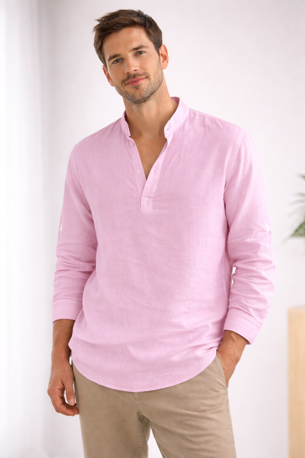George - Casual Men's Linen Shirt with Mandarin Collar and Roll Tab Sleeves