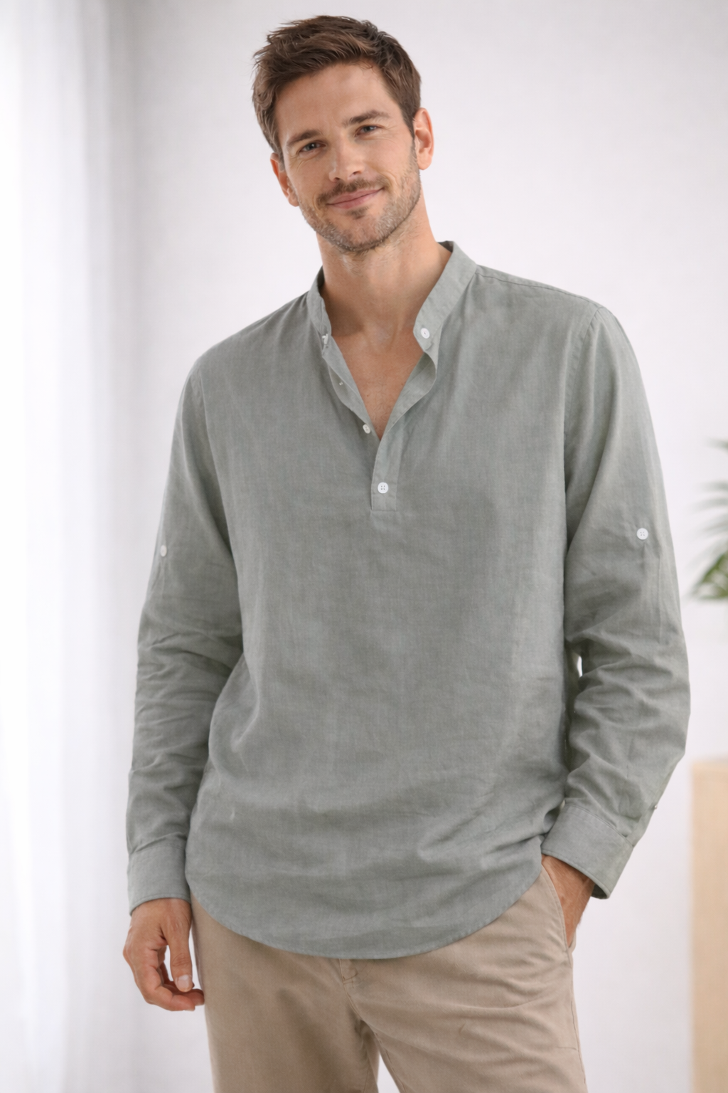George - Casual Men's Linen Shirt with Mandarin Collar and Roll Tab Sleeves
