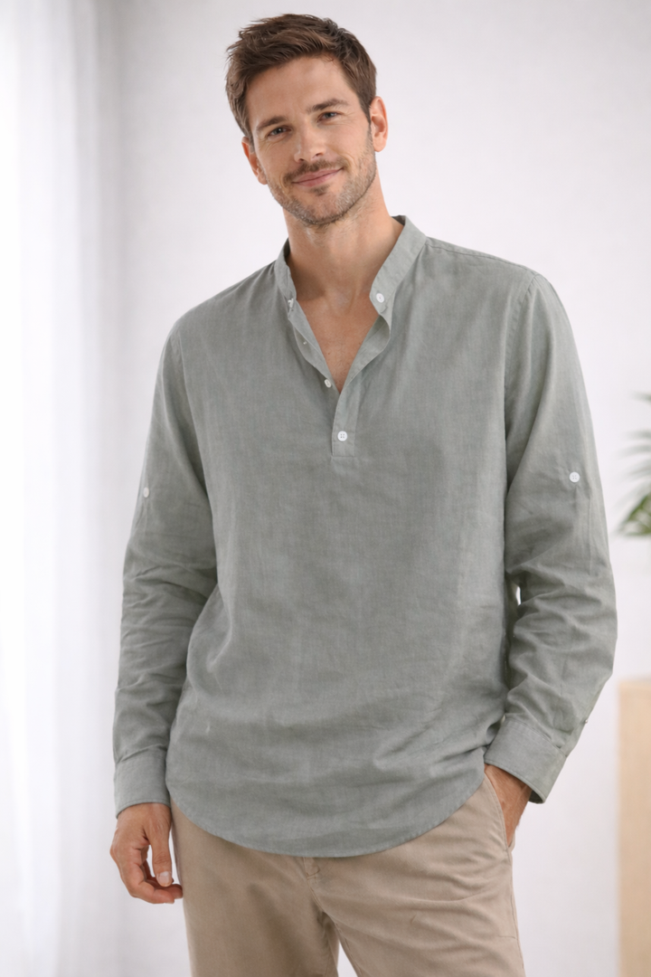 George - Casual Men's Linen Shirt with Mandarin Collar and Roll Tab Sleeves