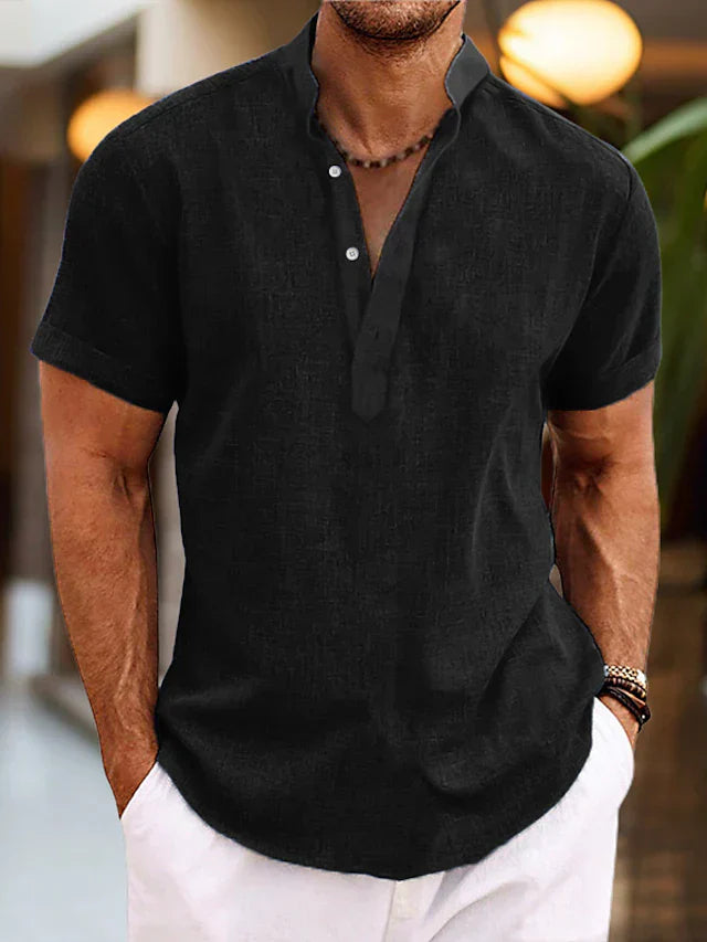 George - Casual Men's Linen Shirt with Short Sleeves and Grandad Collar