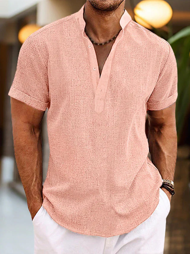 George - Casual Men's Linen Shirt with Short Sleeves and Grandad Collar