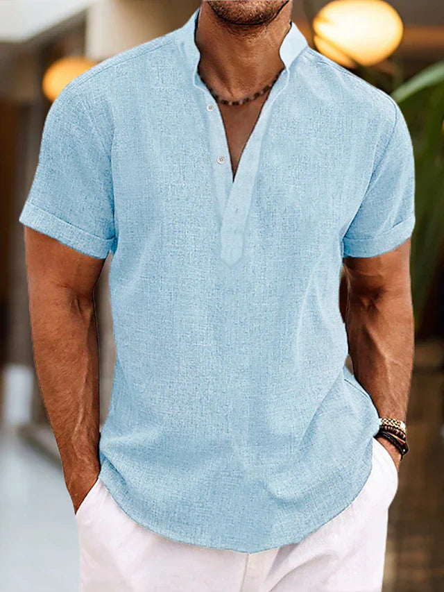 George - Casual Men's Linen Shirt with Short Sleeves and Grandad Collar